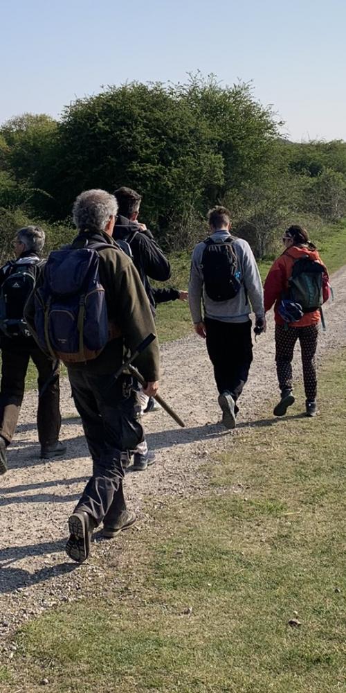 Groep mensen loopt door oranjezon