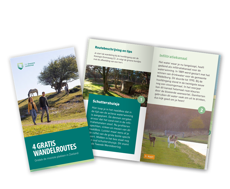 Voorkant en binnenkant van routeboekje Zeeland met top 4 wandelroutes
