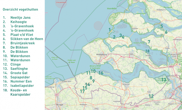 Kaart met vogelkijkhutten in Zeeland