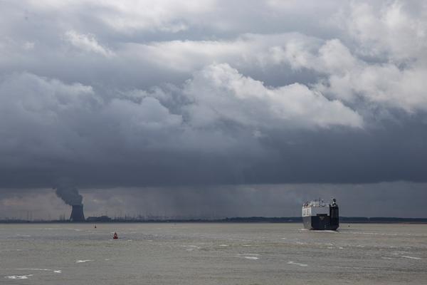 Vrachtschip op Westerschelde met haven op achtergrond