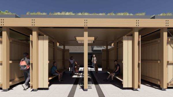 Impressie van doorkijkje kleedruimtes en entree bezoekerscentrum