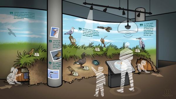 Impressie nieuwe vogelwand bij expositie saeftinghe