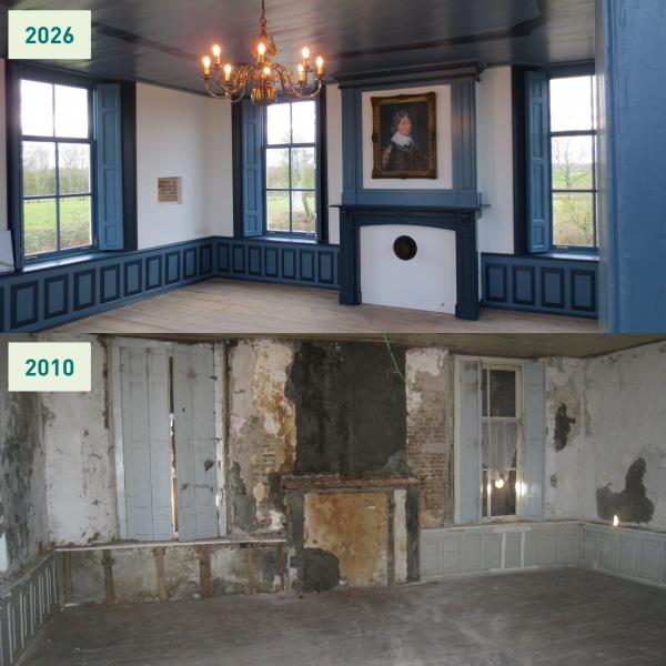 Kruisdijkschans binnenkant met gerestaureerde schouw en schilderij in vergelijk tot vervallen schouw van voor restauratie.