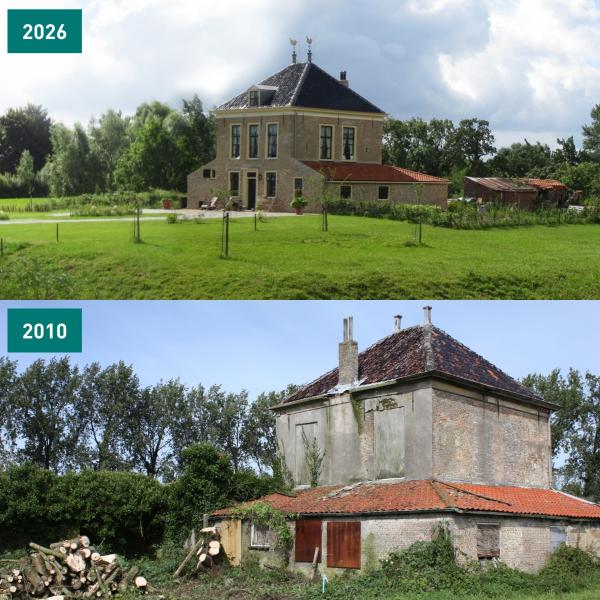 Kruisdijkschans verschil tussen 2010 als vervallen gebouw ten opzichte van volledig gerestaureerd gebouw.