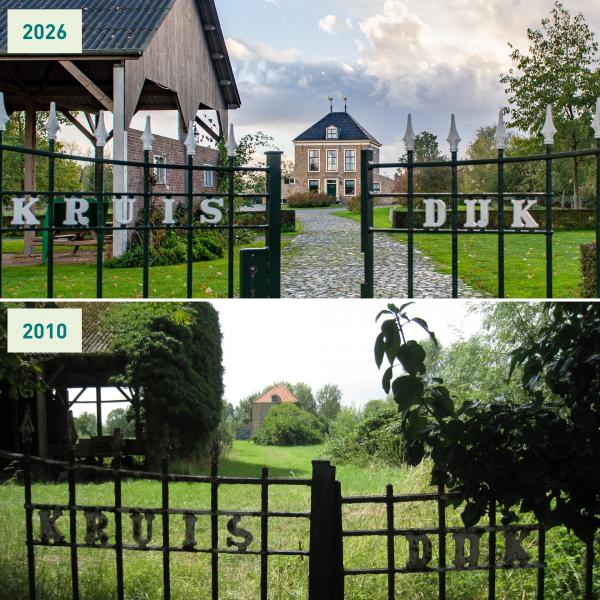 Kruisdijkschans verschil tussen 2010 en 2026. Van vervallen gebouw en terrein tot gerestaureerd gebouw met prachtig aangelegd terrein.