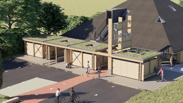 Artist impression van de nieuwbouw van bezoekerscentrum Saeftinghe