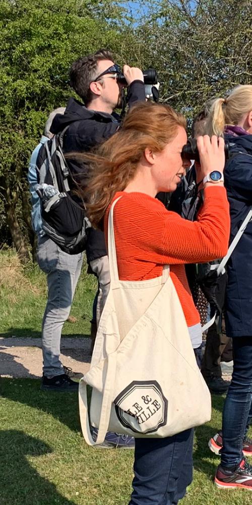 Mensen kijken met verrekijkers naar vogels 