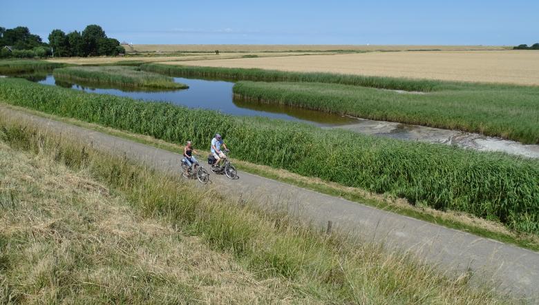 Fietsen fietsen door het landschap van Inlagen Noord Beveland
