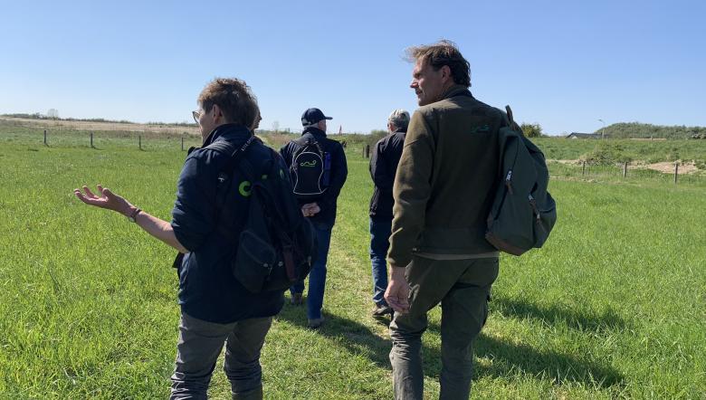 Excursiedeelnemers lopen door Waterdunen