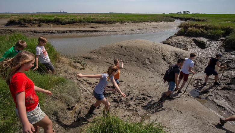 Groep mensen in lanschap Saeftinghe