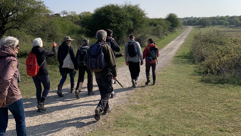 Groep mensen loopt door oranjezon