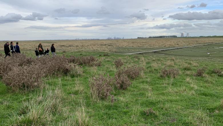 Groep mensen loopt over plankierpad