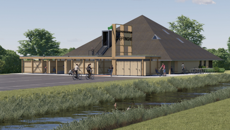 Zicht op het bezoekerscentrum vanaf de openbare weg