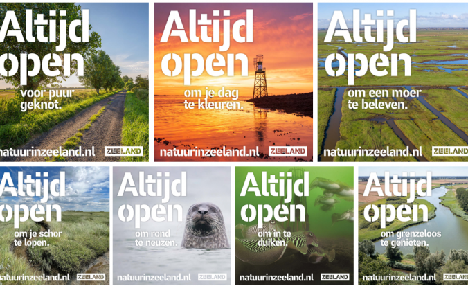 impressie van verschillende uitingen van de natuurcampagne Altijd Open