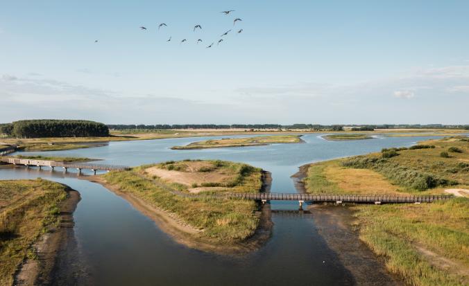 Een dronebeeld van Waterdunen