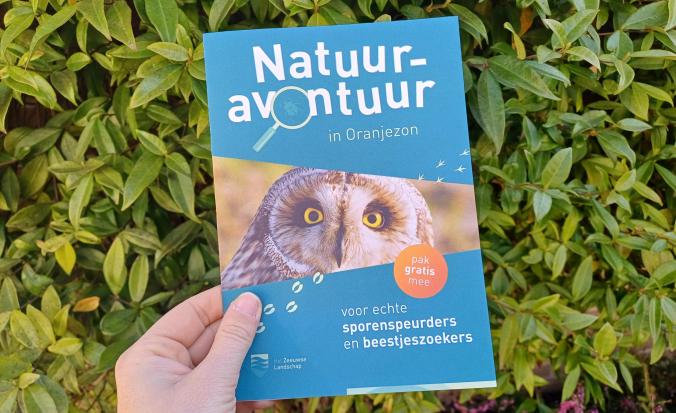 Natuuravontuurfolder vastgehouden tegen een groene achtergrond
