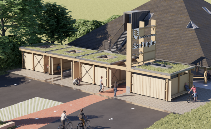 Artist impression van de nieuwbouw van bezoekerscentrum Saeftinghe